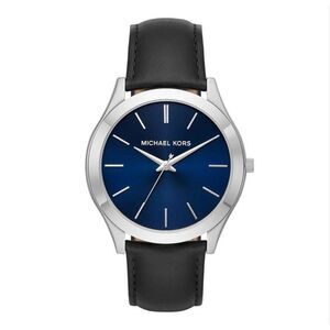 Michael Kors Men’s Slim Runway Silver-Tone Leather Watch Blue Stainless Steel